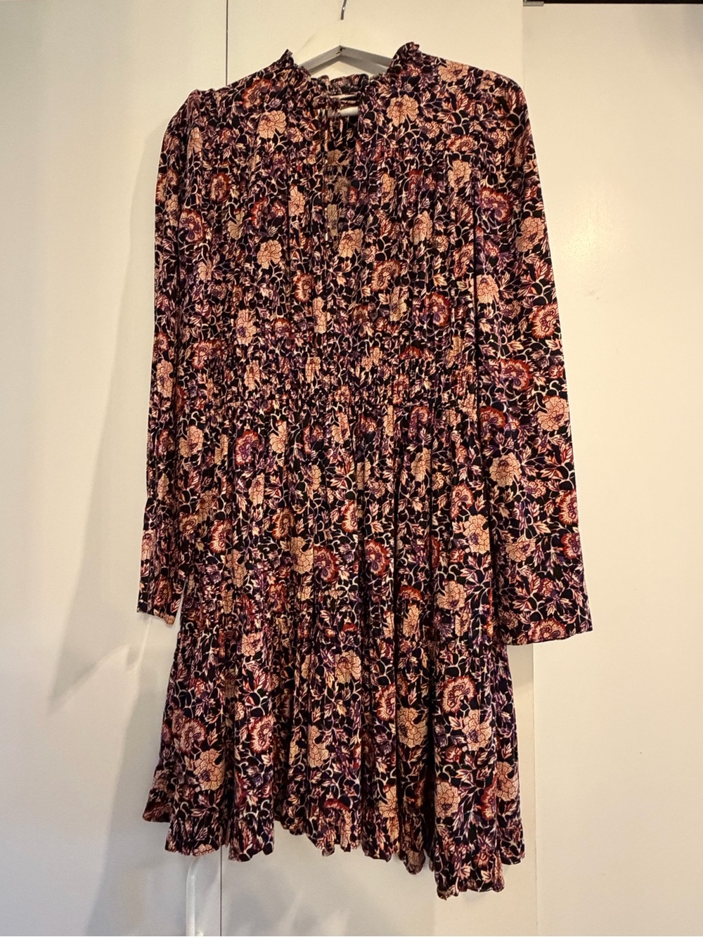 Ulla Johnson Black Floral Smocked Tiered Long-Sleeve Dress